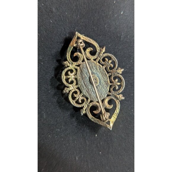 Vintage LG Oval Tigers Eye Filigree Brooch Gold-Tone Floral Pin Estate  2" - Picture 4 of 8